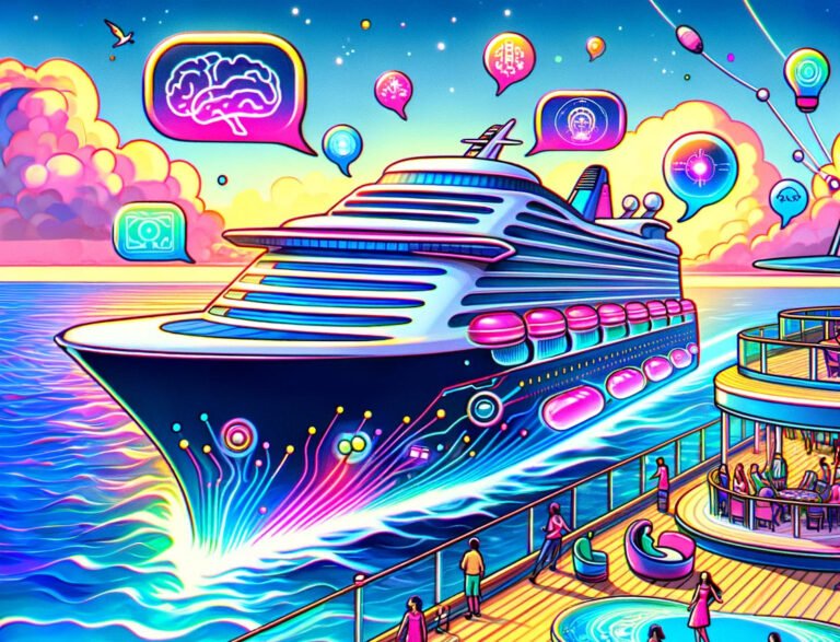 Colorful illustration of a futuristic cruise ship with circuit board details.
