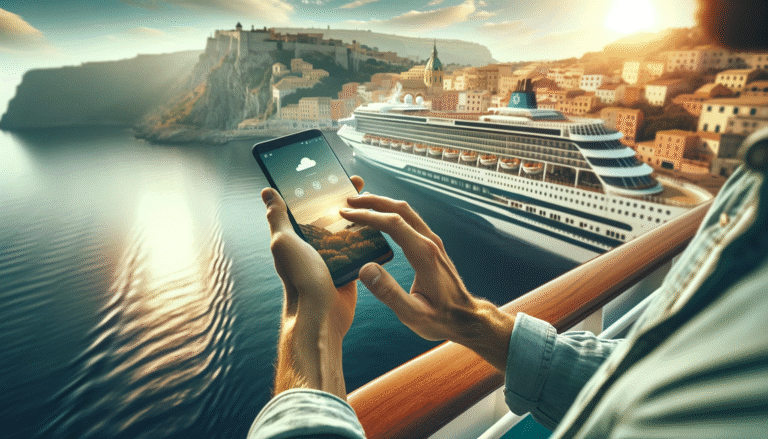 Man using phone on balcony of a cruise ship debarking from a European city.